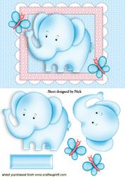 Cute Blue Elephant with Butterflies in a Frame