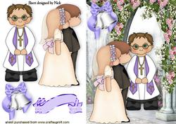 Wedding Couple with Priest in Rose Garden
