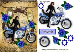 Lady Biker in Steam Punk Frame with Blue Flowers