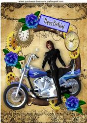 Harley Biker Babe in Steampunk Frame with Blue Flowers A4