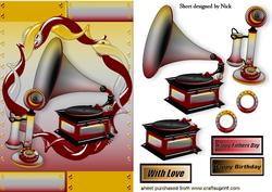 Gramophone and Vintage Telephone in Steampunk Frame