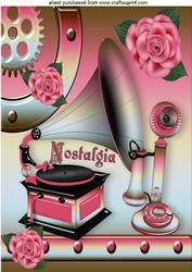 Pink Gramophone and Phone with Pink Roses in Steampunk A4