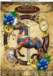 Carousel Horse in Steampunk Frame with Blue Roses A4