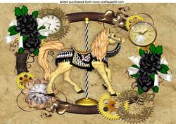 Gold/black Carousel Horse with Black Roses in Steampunk A4