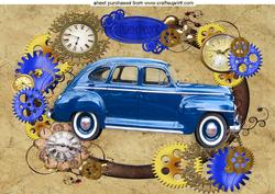 Vintage Blue Car in Steam Punk Frame A4