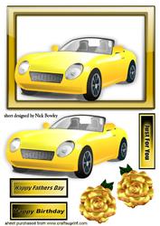 Yellow Sports Car in Gold Glass Frame with Rose