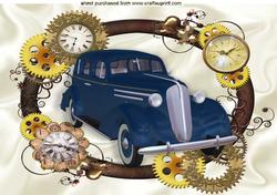 1936 Blue Sedan Car, in Steampunk Clock Frame A4
