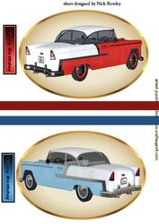 Two Chevy Bel Air Cars in Gold Oval Frame Toppers