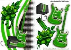 Green Guitar with Amplifier and Green Rose