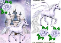Beautiful White Unicorn with Fantasy Castle and Doves A5