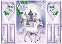 Beautiful White Unicorn, with Fantasy Castle, Doves Gatefold