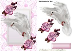 Dove in Flight with Pink Roses in Lace Frame