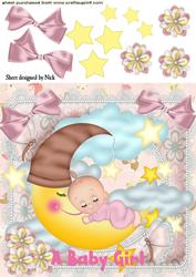 Sleepy Baby Girl on the Moon with Stars in Lace Frame