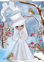 Pretty Lady in White with Robins in Snow Scene A4