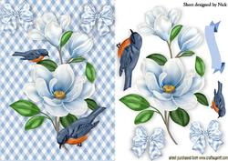 Blue Birds with Pretty Flowers in Blue Gingham