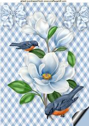 Blue Birds with Pretty Flowers on Blue Gingham A4