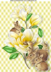 Cute Little Bunnies with Yellow Flowers in Gingham A4