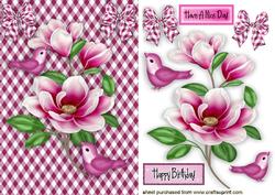 Pretty Pink Magnolia Flowers with Pink Birds on Gingham