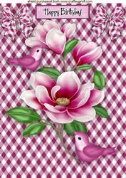 Pretty Pink Magnolia Flowers with Pink Birds in Gingham A4