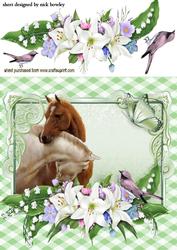 Horses Heads Entwined in Flower Frame with Birds