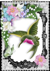 Fantasy Humming Bird in Flowers and Lace Frame A4