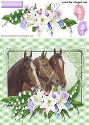 Three Beautiful Horses in Flowers Frame with Butterflies