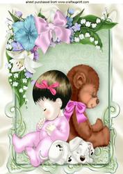 Cute Baby Girl with Teddy Puppy in Frame of Flowers with Bow