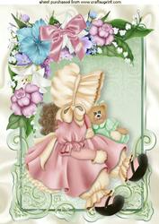 Little Bonnet Girl with Teddy in Flowered Frame with Bow A4