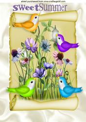 Cute Little Coloured Birdies on a Scroll with Flowers A4