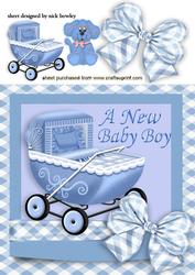 Baby Boys Vintage Pram with Bow and Teddy