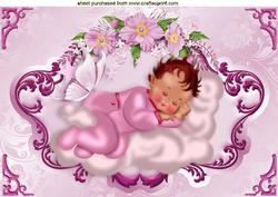 Sleepy Baby Girl on a Pink Cloud with Butterfly A4