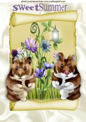 Playful Hampsters with Flowers on a Scroll A4