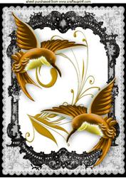 Beautiful Gold Humming Birds in Lace Frame A4