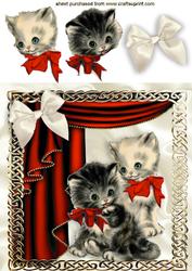 Vintage Kittens in Red Ornate Frame with Drapes