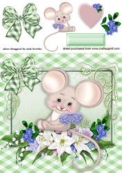 Cute Little Mouse in Flower Frame with Gingham Bow