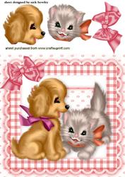 Puppy and Kitten Playing in Gingham Frame with Bow