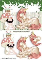 Unicorn, and Playful Faeries with Mushrooms