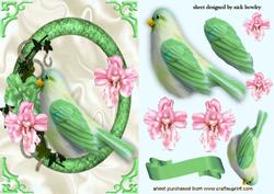 Pretty Green Bird in Ring of Flowers