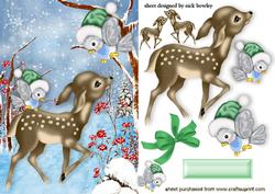 Cute Little Deer in the Snow with Little Birds