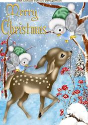 Cute Little Deer with Little Birds in the Snow A4