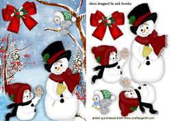 Cute Little Snowmen in the Snow with Little Bird