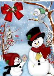 Cute Snowmen in the Snow with Little Bird A4