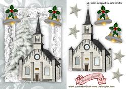 Church in the Snow with Christmas Bells and Stars