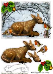 Cute Deer with Robins in the Snow