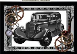 Vintage Car in Steampunk Frame with Pipe and Fobwatch A4