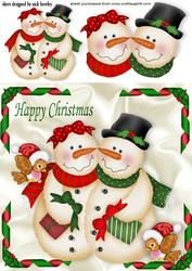 Mr & Mrs Snowman with Cute Little Bird in Santa Hat