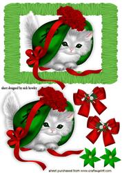 Little Kitty in Green and Red Bonnet in Frill Frame