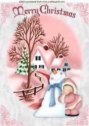 Little Snow Girl with Her Snowman in Christmas Scene A4