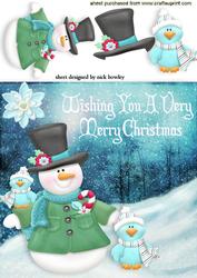 Snowman with Cute Little Birds in the Snow