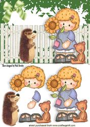 Little Girl with Her Teddy in the Garden with Hedgehog